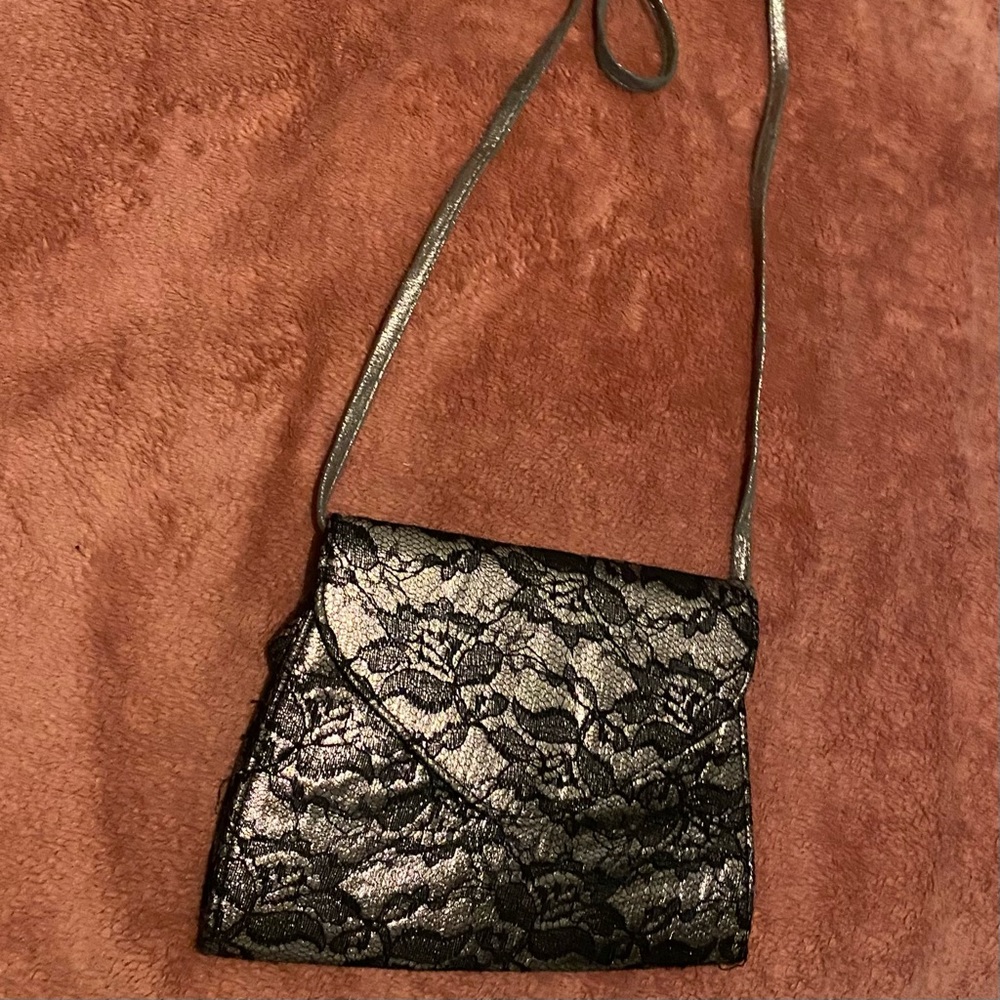 Neiman Marcus Black & Gold Metallic Floral Shoulder Bag/Clutch Purse